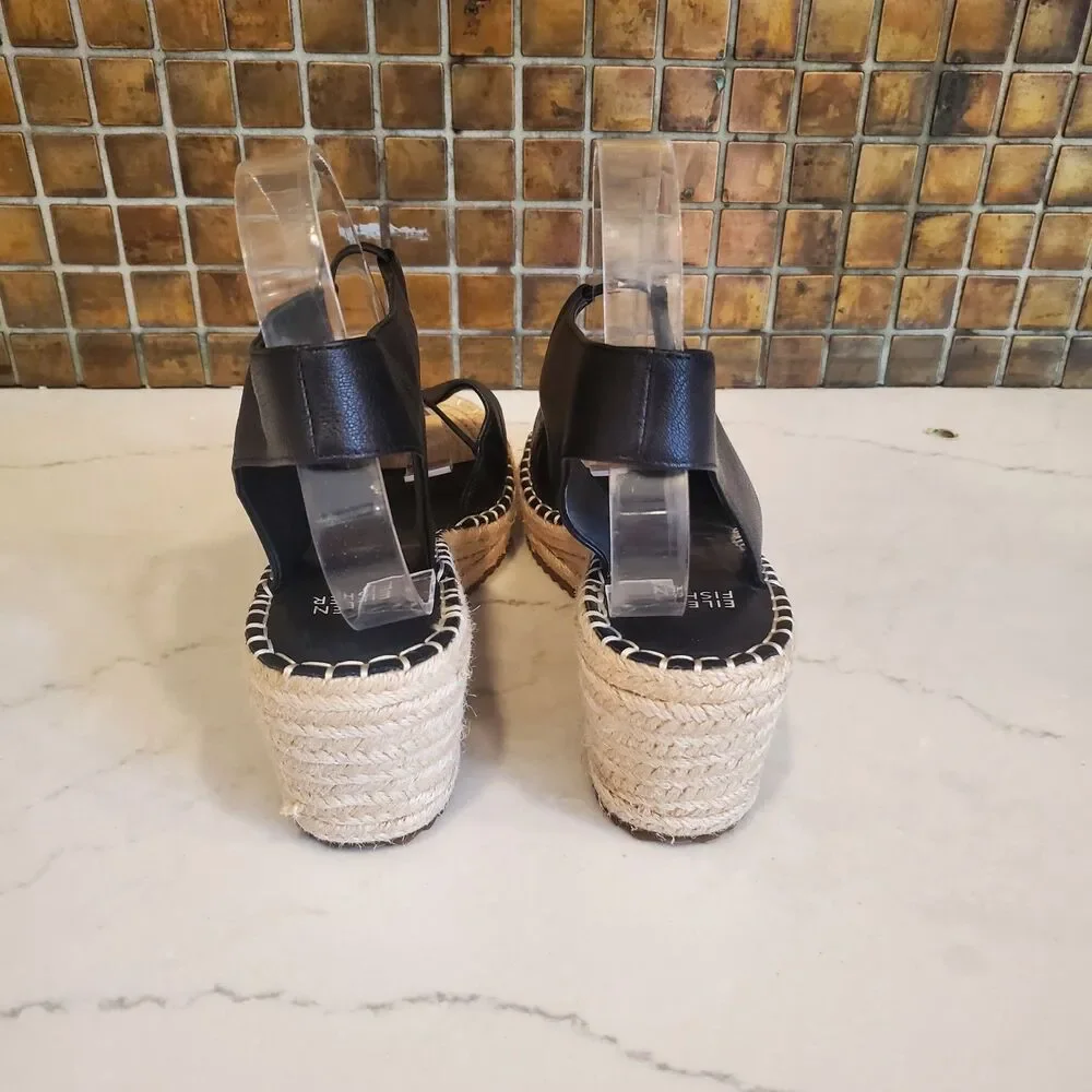 Eileen Fisher Women's Sandals 10 Black Agnes Espadrilles Leather Minimalist
